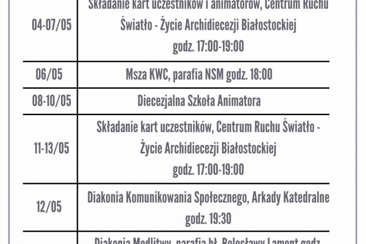 Kalendarium na maj 2026
